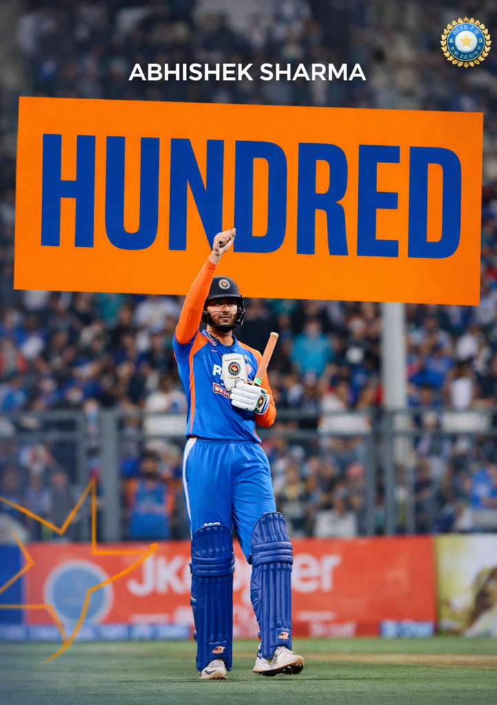 Abhishek Sharma celebrates his century by raising his bat during an international cricket match, with a bold “HUNDRED” banner displayed above him in the stadium.
