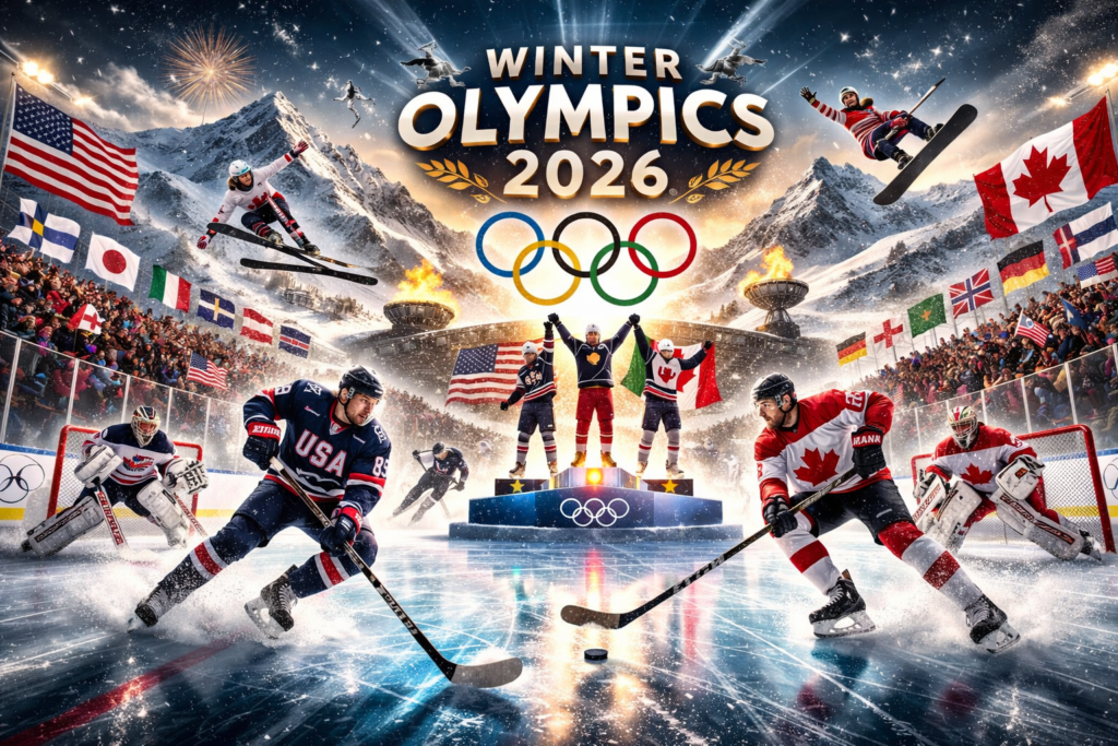 Milano Cortina 2026 Winter Olympics logo with snowy mountain background and Olympic rings representing international winter sports event in Italy