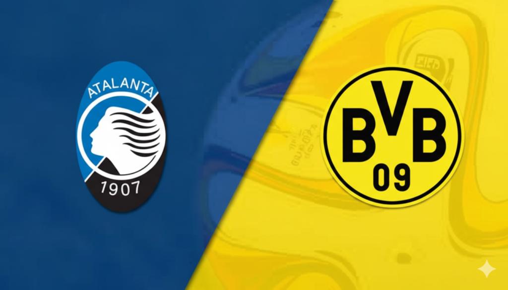 A split-screen graphic featuring the official logos of Atalanta BC on the left with a blue background and Borussia Dortmund (BVB 09) on the right with a vibrant yellow background.