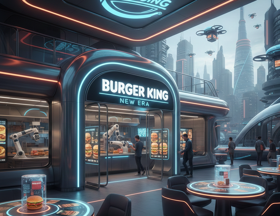 Burger King restaurant in a cyberpunk city. The interior features glowing neon lights, robotic arms preparing burgers, and touch-screen tables. Outside, the skyline is filled with skyscrapers and delivery drones flying through the air.