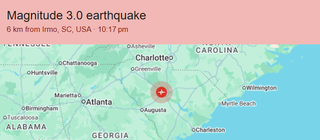 Earthquake today in Columbia SC and Lexington SC showing USGS earthquake epicenter map and seismic activity in South Carolina.