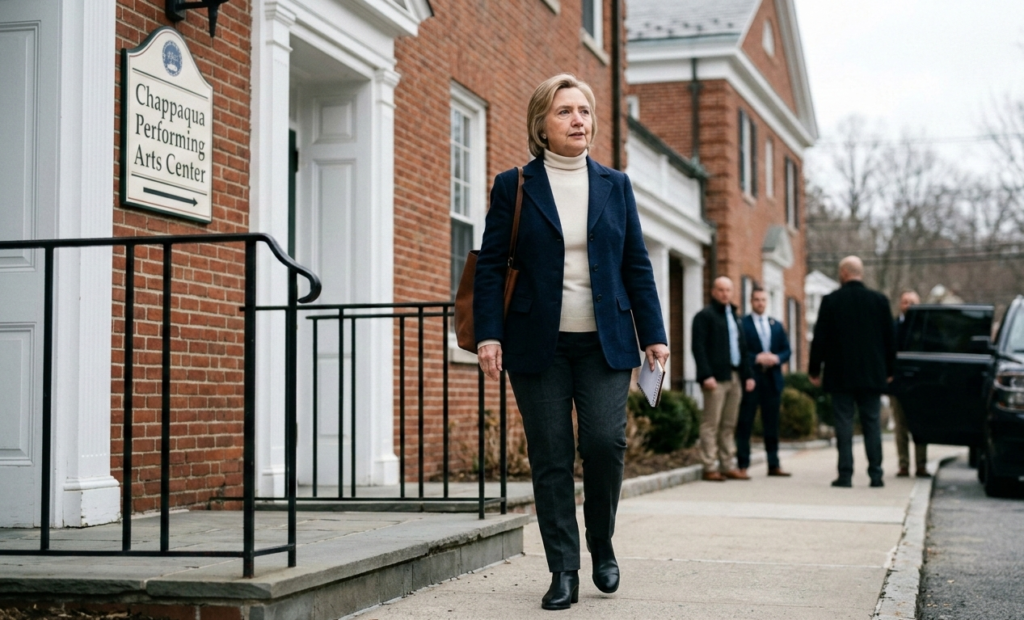 A realistic depiction of Hillary Clinton walking outside the Chappaqua Performing Arts Center, dressed in a professional blue blazer and dark trousers, with security personnel and a car in the background.