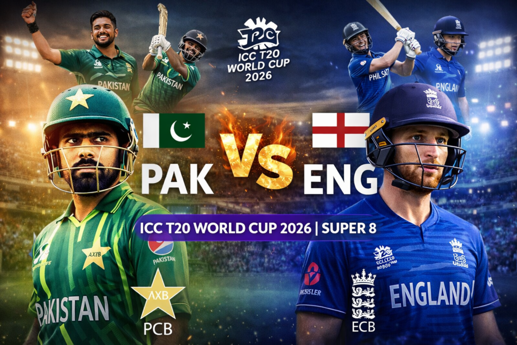 Pak vs Eng T20 World Cup 2026 Super 8 match promotional image featuring Babar Azam and Jos Buttler with Pakistan and England team logos and dynamic stadium background.