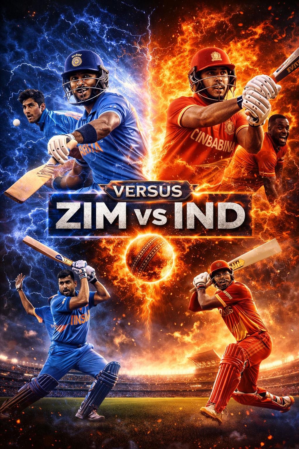 Zimbabwe vs India cricket match feature image showing Indian and Zimbabwean players in action, dynamic stadium background, dramatic lighting, and a glowing cricket ball with “ZIM vs IND” text overlay.