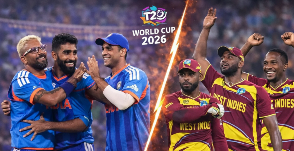 T20 World Cup 2026 featuring Indian cricket players in blue jerseys on the left and West Indies players in maroon jerseys on the right, separated by a lightning bolt.