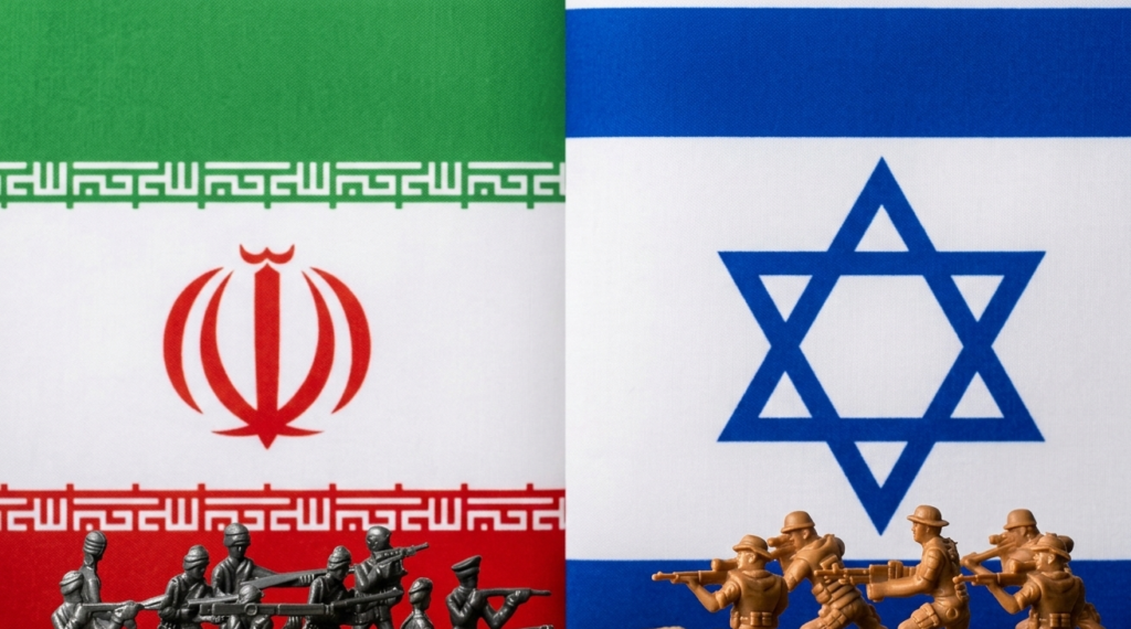 the flag of Iran on the left and the flag of Israel on the right, with two groups of toy soldiers facing each other in the foreground.