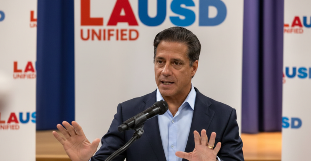 A man in a navy suit giving a speech at a microphone in front of a white backdrop featuring the LAUSD Unified logo.