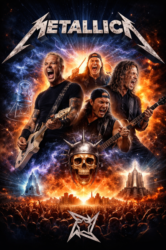 Metallica band performing live on stage with dramatic lighting, electrifying crowd, and abstract metallic textures; iconic skull in foreground symbolizing the Metallica sphere.