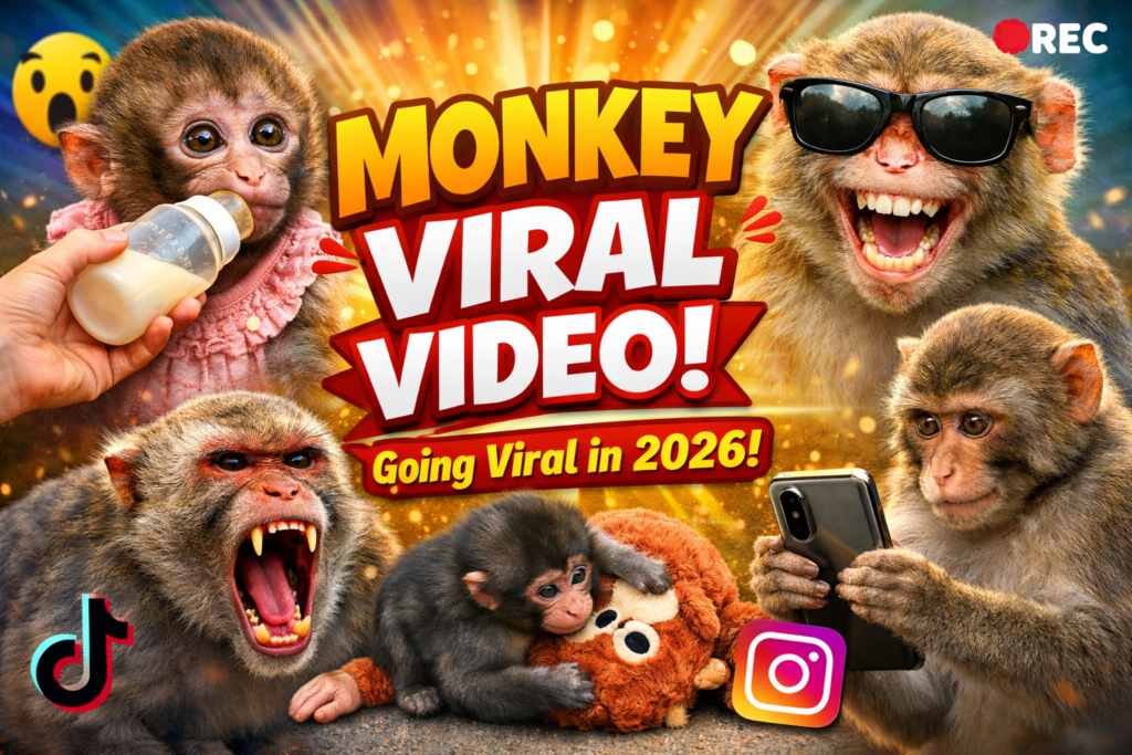 Colorful YouTube-style thumbnail showing multiple monkeys in funny and dramatic poses with bold text “Monkey Viral Video Going Viral in 2026” and social media icons.