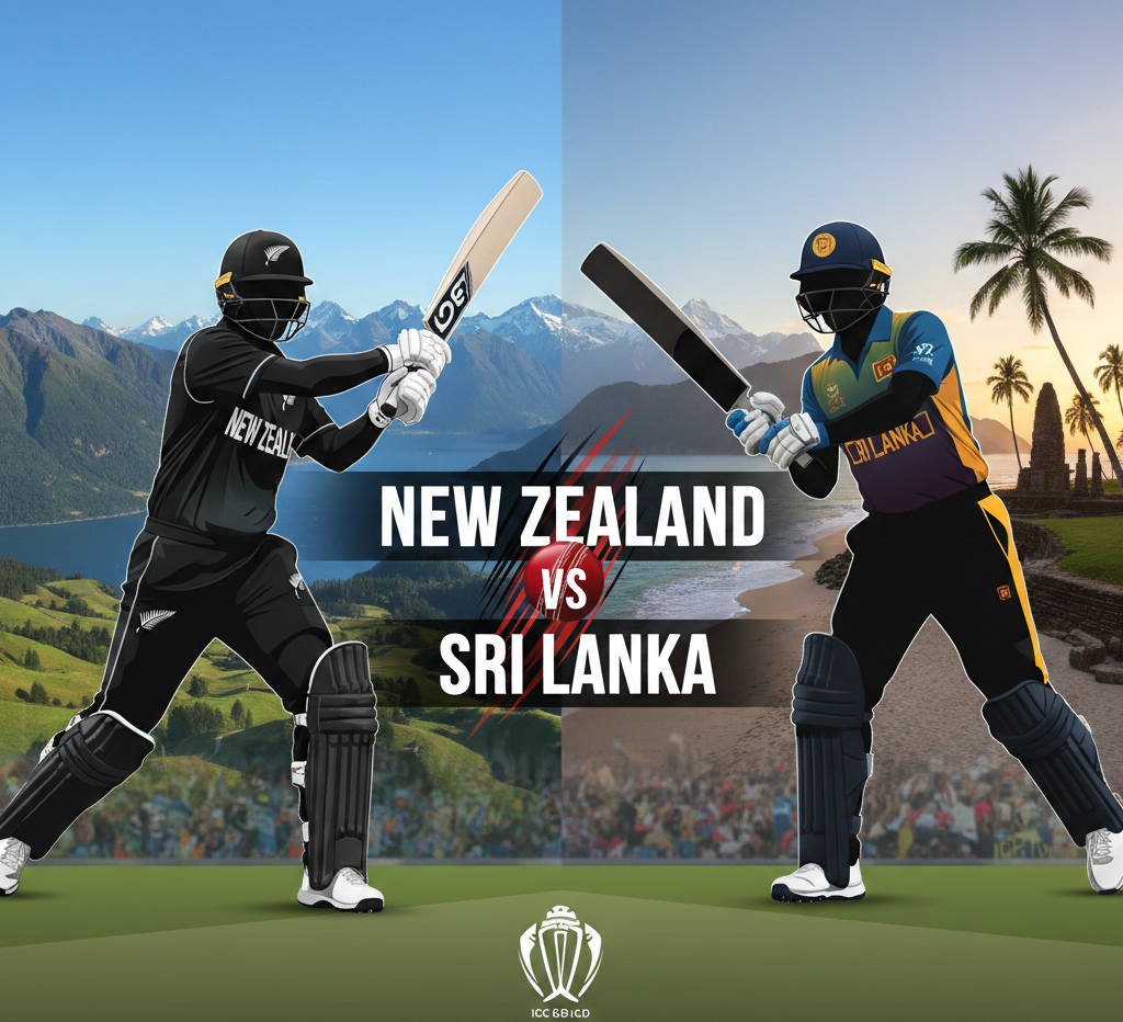 New Zealand vs Sri Lanka cricket match poster featuring two players in action, with the Southern Alps of New Zealand on one side and a Sri Lankan tropical beach on the other.