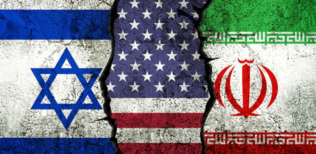 A detailed view of three distinct flags on a textured wall: Israel (left), the United States (center), and Iran (right), separated by two dark, jagged vertical cracks.