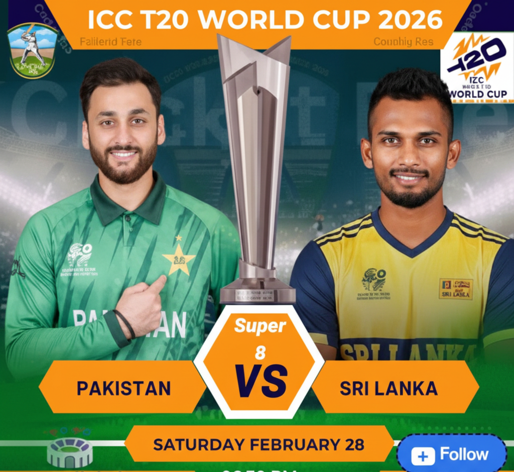A promotional poster for the ICC T20 World Cup 2026 Super 8 match between Pakistan and Sri Lanka. The image features players from both teams, the World Cup trophy in the center, and match details: Saturday, February 28 at 06:30 PM at Pallekele International Cricket Stadium.
