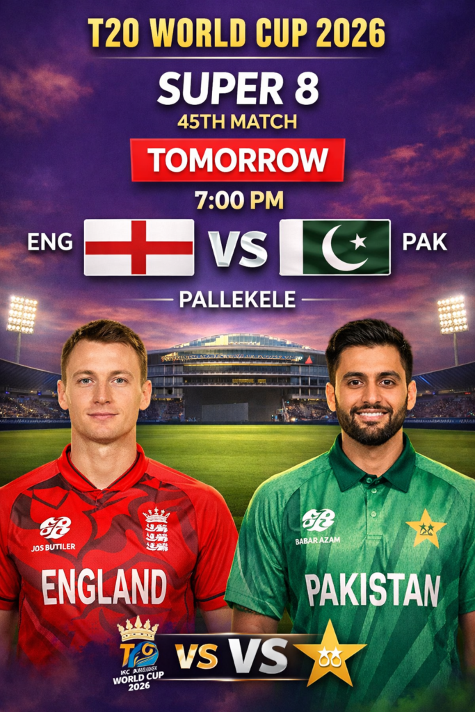 T20 World Cup 2026 Super 8 match poster featuring England vs Pakistan at Pallekele Stadium with Jos Buttler and Babar Azam, match scheduled for 7:00 PM.