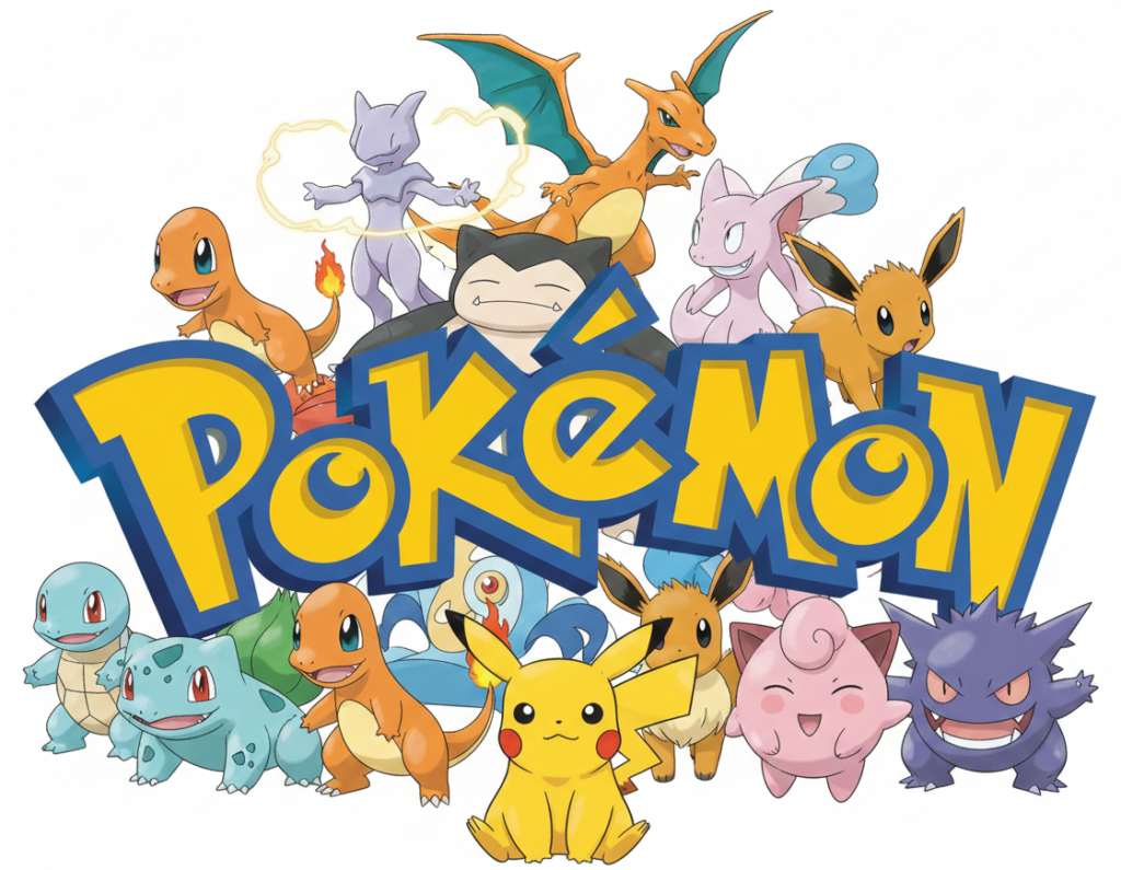 group illustration of popular Pokémon like Pikachu, Charizard, Snorlax, and Mewtwo gathered behind and around the classic yellow and blue Pokémon logo on a white background.