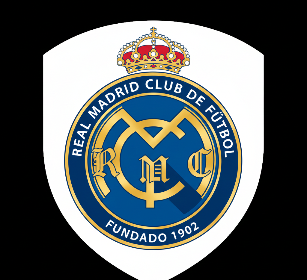 Real Madrid CF logo featuring a white shield background, a gold circular emblem with "MCF" initials, a royal crown on top, and blue accents with the text "Real Madrid Club de Fútbol" and "Fundado 1902