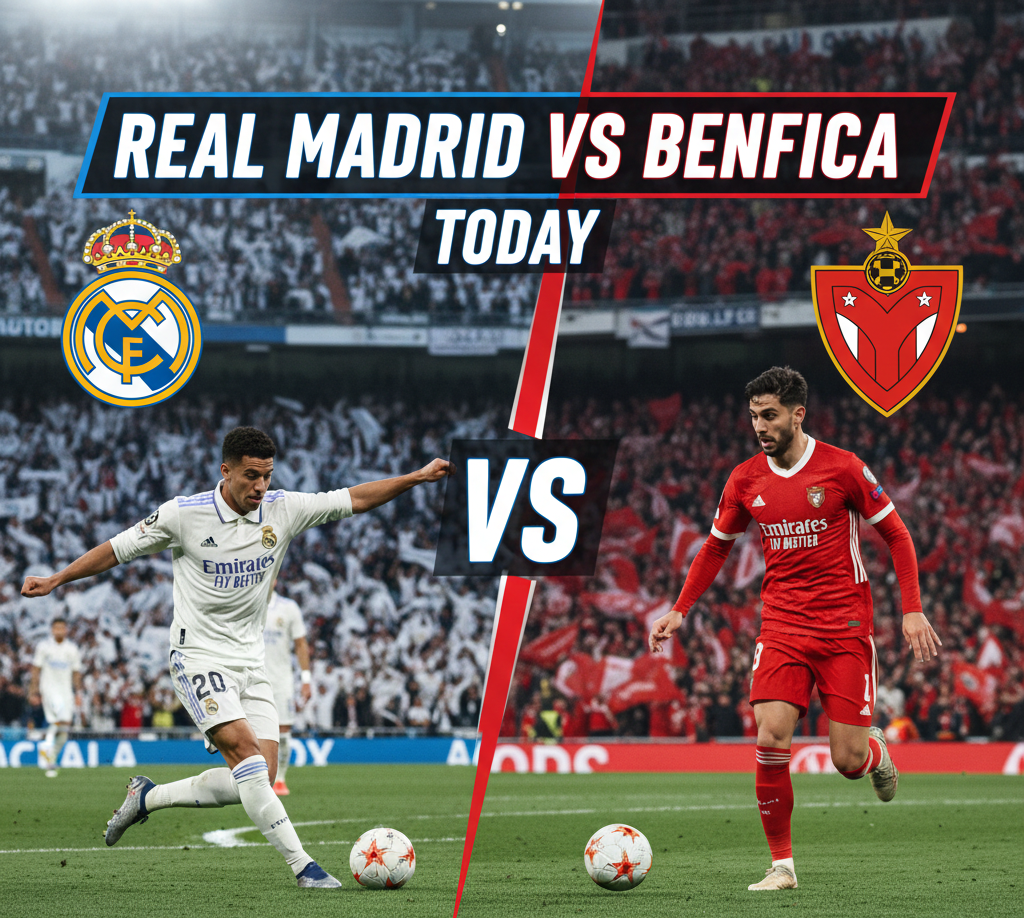 A professional match-day poster for a football game between Real Madrid and Benfica. The image is split diagonally, showing a Real Madrid player in a white kit on the left and a Benfica player in a red kit on the right, both in action on a grass pitch.