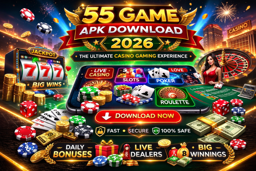 Vibrant promotional banner of s55 Game APK Download 2026 showing slots, poker, roulette, blackjack, coins, and a live dealer with neon and gold casino elements.