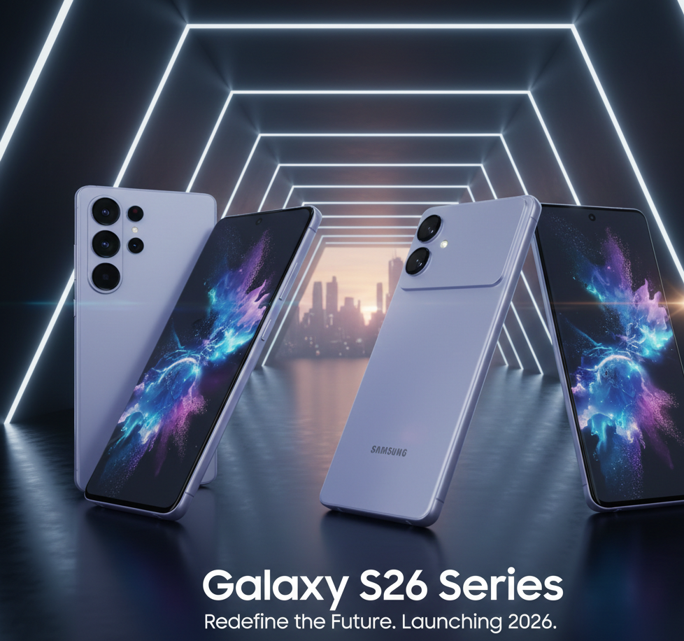 High-resolution promotional graphic of the Samsung Galaxy S26 series, featuring sleek purple-tinted smartphones displayed in a futuristic neon tunnel with the text "Galaxy S26 Series: Redefine the Future. Launching 2026.
