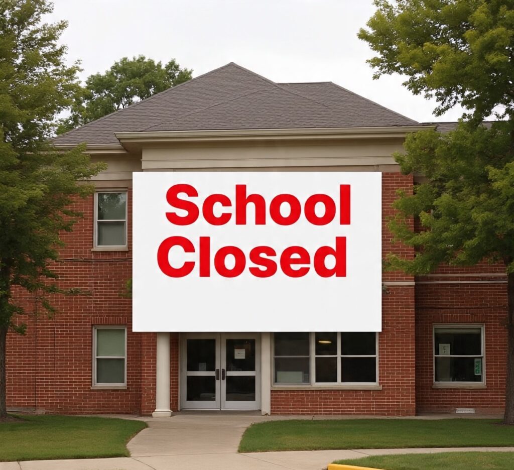 A snowy school building with a “Closed” sign on the front door and a clock showing delayed opening time, with students and parents waiting outside.