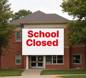 A snowy school building with a “Closed” sign on the front door and a clock showing delayed opening time, with students and parents waiting outside.