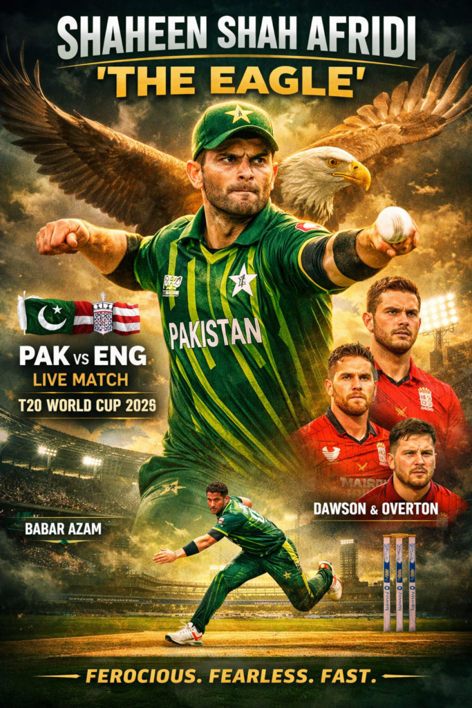 Shaheen Shah Afridi bowling in Pakistan green jersey with eagle wings background during Pakistan vs England T20 World Cup match at a packed cricket stadium.