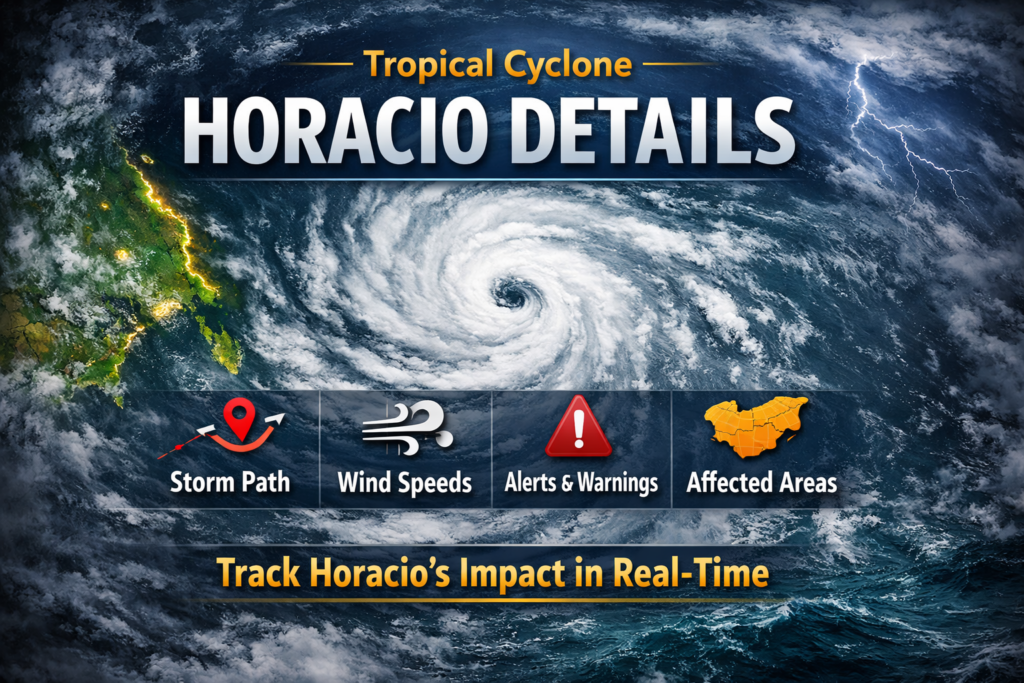 Satellite view of Tropical Cyclone Horacio swirling over the ocean, showing storm path, wind speeds, alerts, and affected areas.