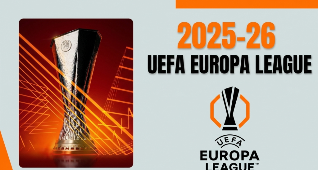 UEFA Europa League. igh-resolution graphic for the 2025-26 UEFA Europa League. The image features a sleek, metallic Europa League trophy on the left against a vibrant orange and red background with geometric lines. On the right, the text "2025-26 UEFA EUROPA LEAGUE" is displayed in bold, black and orange typography, accompanied by the official tournament logo at the bottom.