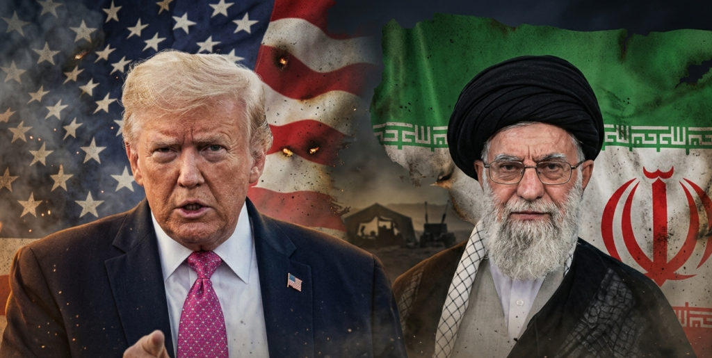 Donald Trump and Ali Khamenei facing forward. Behind them are the tattered and burning flags of the United States and Iran, set against a dark, smoky battlefield background with embers flying.