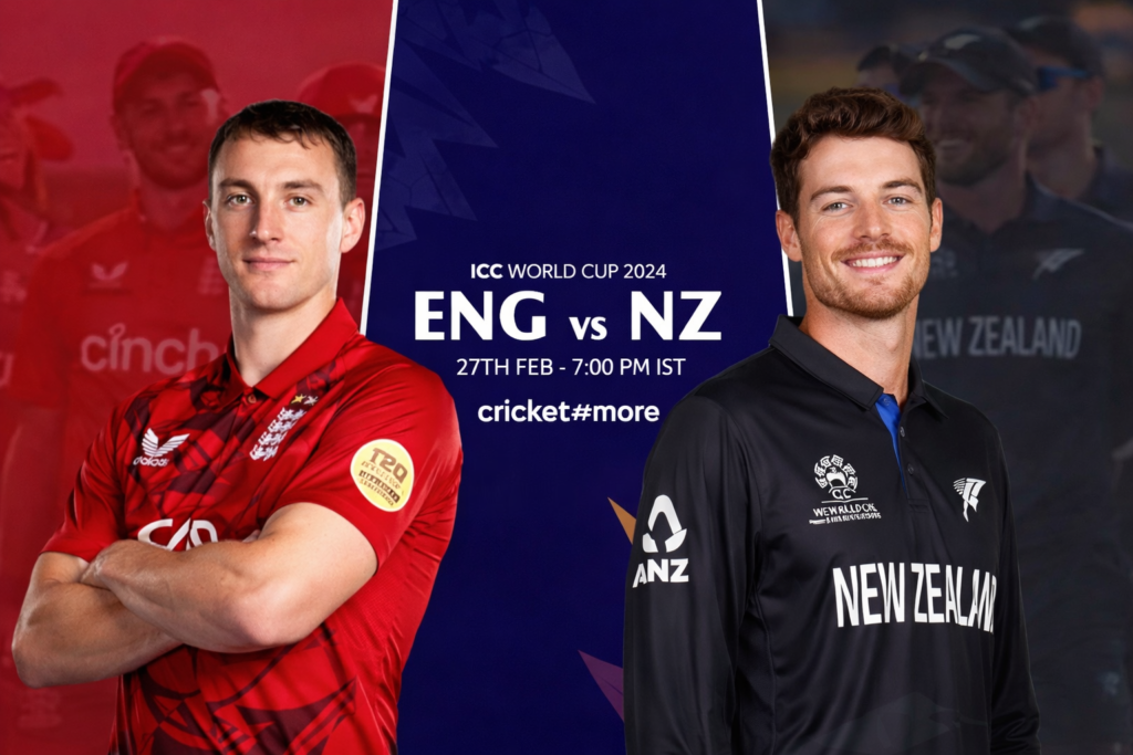 New Zealand and England cricket teams facing off on the field, players in action during a T20 match.