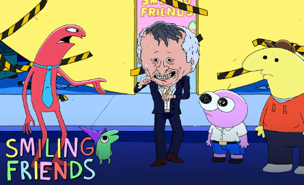 Smiling Friends characters Charlie and Pim in colorful animated scene