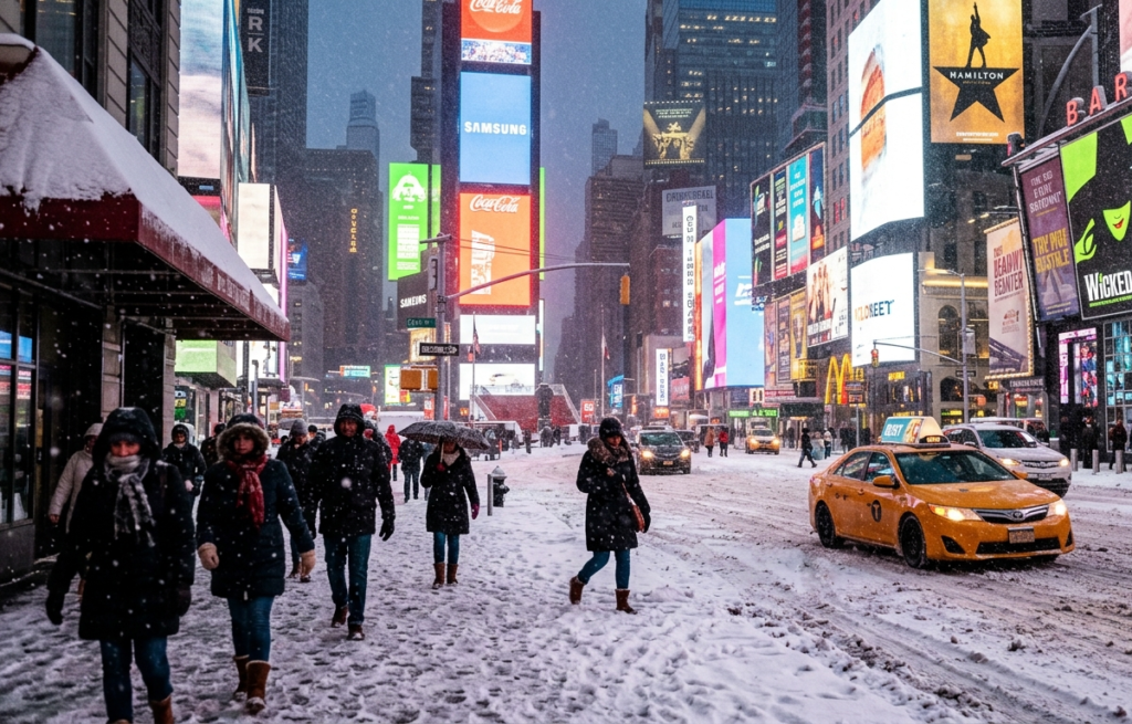 A busy scene in Times Square, NYC, during a heavy winter blizzard, showing pedestrians in warm clothing and a classic yellow cab driving on snowy streets surrounded by bright billboards.