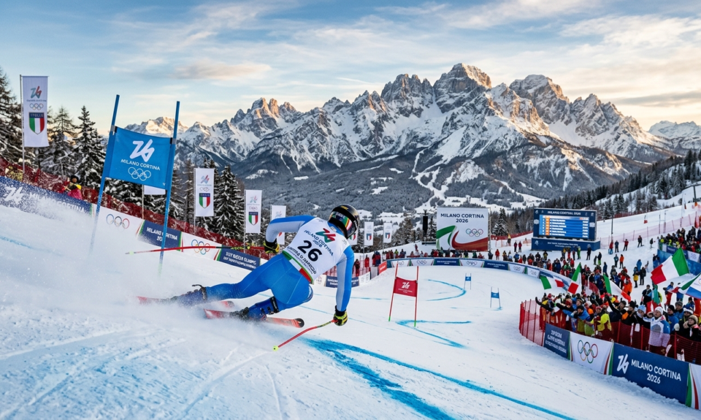 An alpine skier competing in the 2026 Winter Olympics in Milano Cortina, Italy, racing down a snowy mountain slope with the Dolomites in the background and Olympic branding visible