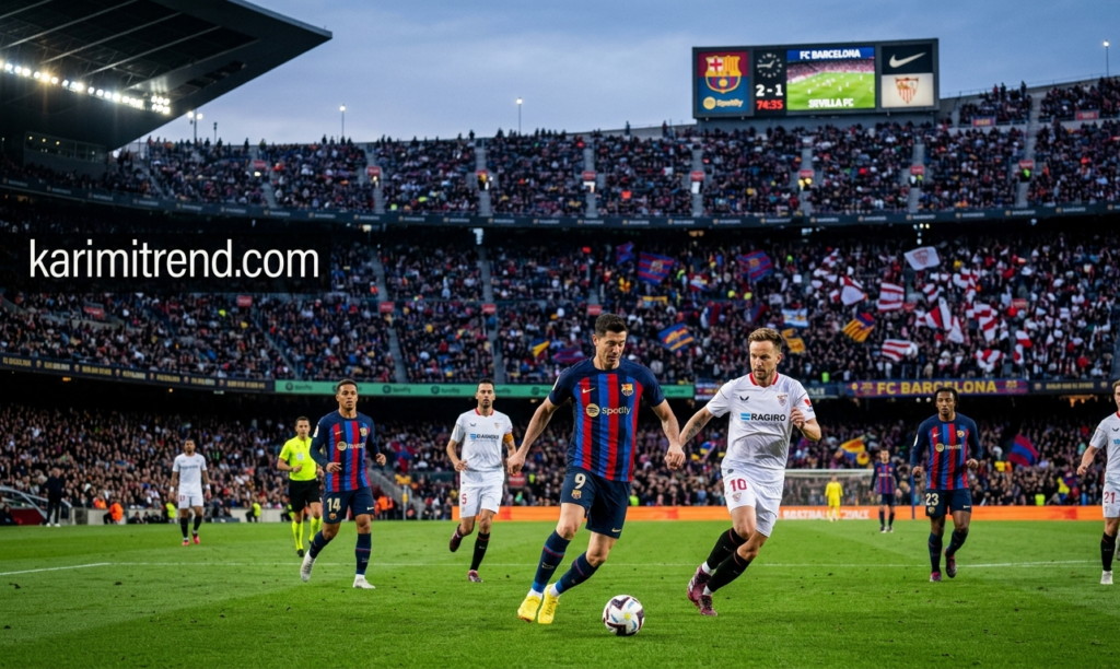 football match between FC Barcelona and Sevilla FC at a packed Camp Nou stadium. In the foreground, a Barcelona player in the iconic blue and red striped kit dribbles the ball while being closely marked by a Sevilla player in a white kit. The stadium is filled with fans, and a large scoreboard shows a 2-1 lead for Barcelona. The text "karimitrend.com" is prominently displayed on the left side of the image.