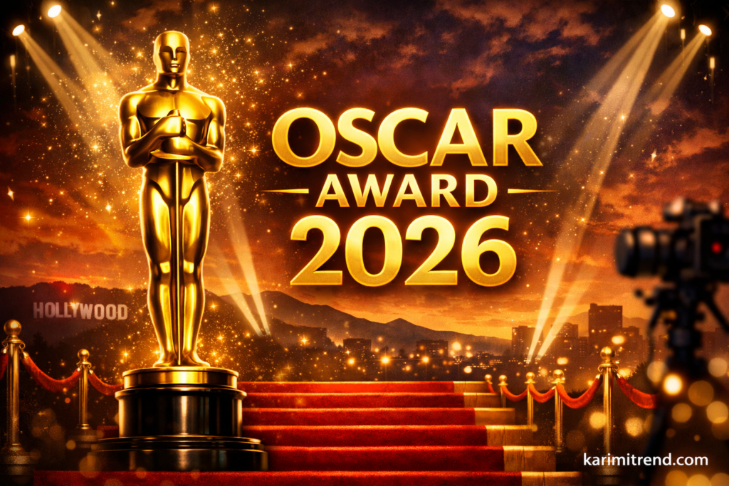 Oscar Award 2026 golden trophy with Hollywood red carpet background