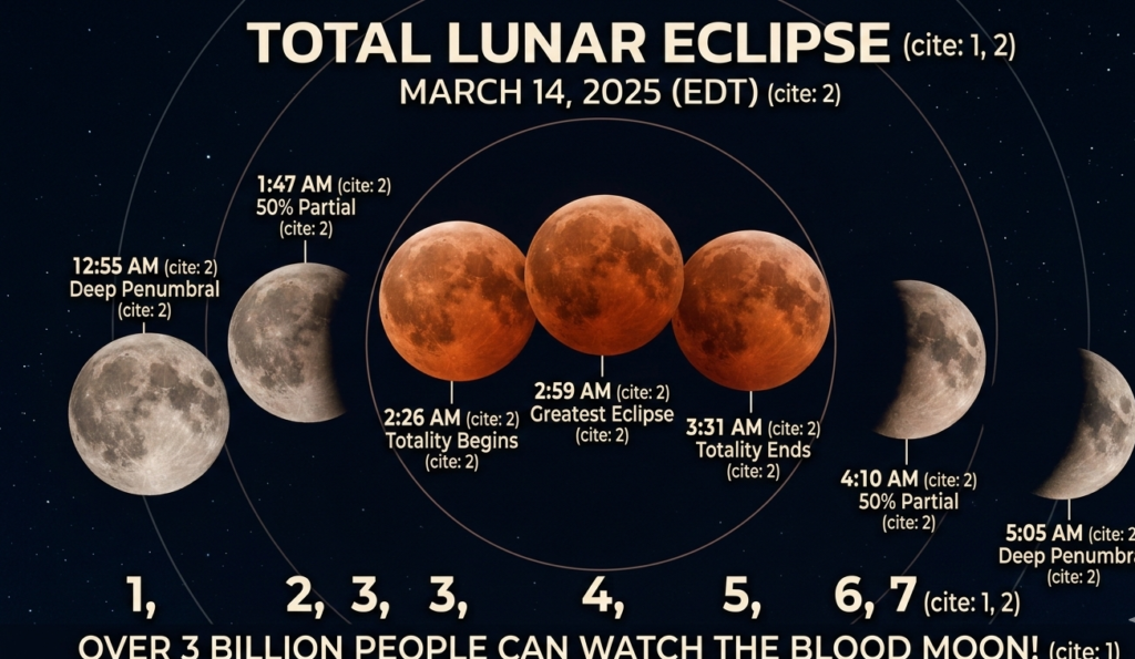 the different stages of the March 14, 2025, Total Lunar Eclipse, with the moon changing from white to a deep reddish-orange "Blood Moon" across a dark space background.