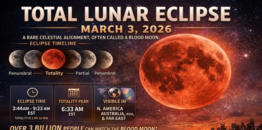 High-resolution infographic for the March 3, 2026 Total Lunar Eclipse, showing a large glowing red "Blood Moon" over a city skyline at sunset, with a detailed timeline of eclipse phases from penumbral to totality.