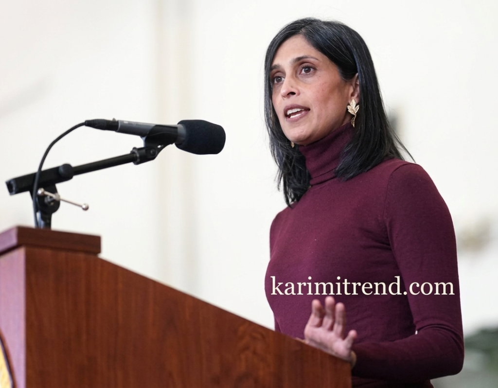 Usha Vance speaking on stage during formal gathering