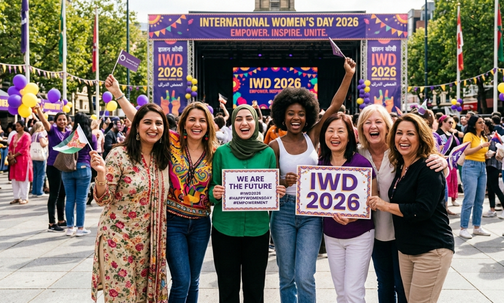 International Women’s Day celebration with women from different cultures raising their hands for equality