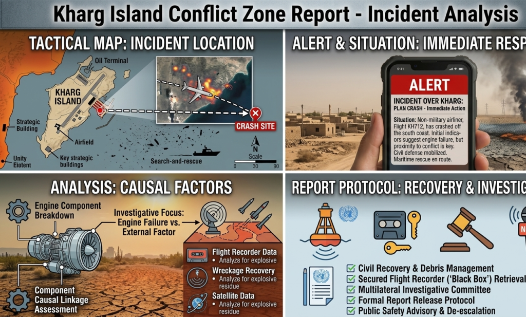 Kharg Island plan crash incident aur investigate report ka infographic summary.