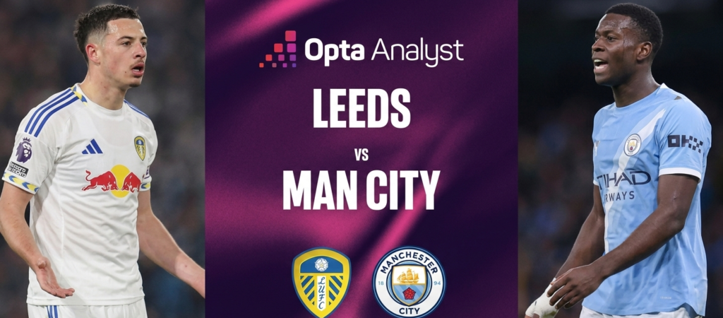 Leeds United's Archie Gray on the left and Manchester City's Bernardo Silva on the right. Both players are looking focused, with Gray in his team's white kit and Silva in the light blue one. The background is a sleek dark purple with the text "Opta Analyst LEEDS vs MAN CITY" and official team logos clearly visible in the center.