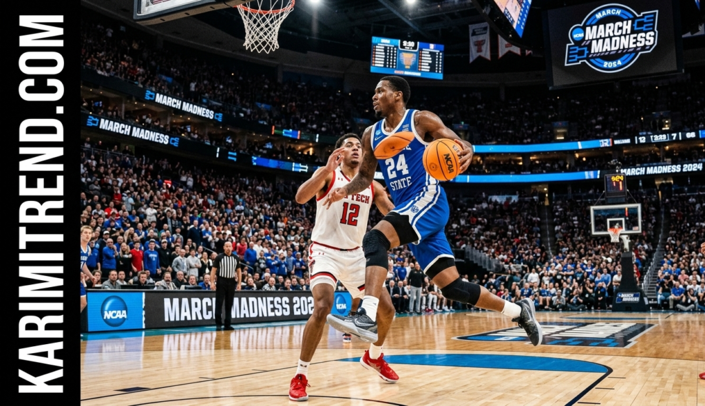 College basketball players in action during a Men’s March Madness game, going for a shot