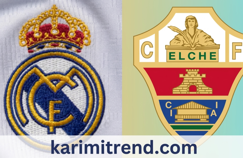A side-by-side comparison of two soccer club crests, featuring the embroidered Real Madrid C.F. badge on white fabric on the left and the graphic Elche C.F. shield on a green background on the right. Below the crests, the website URL 'karimitrend.com' is displayed in large blue text.