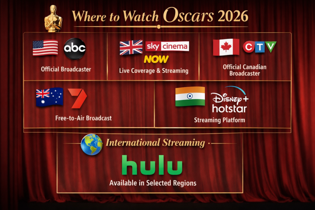 An infographic showing official global broadcasters and streaming platforms for the Oscars 2026, including ABC (USA), Sky Cinema and NOW (UK), CTV (Canada), Channel 7 (Australia), Disney+ Hotstar (India), and Hulu for international streaming,