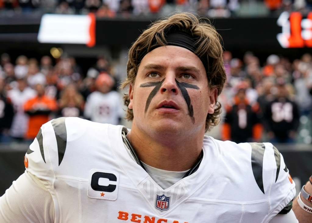Joe Burrow Bengals white jersey close-up shot with eye black, high-resolution