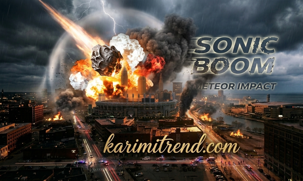 A dramatic digital illustration of a meteor meteorite hitting the Cleveland skyline with a massive explosion, sonic boom clouds, and karimitrend.com branding.