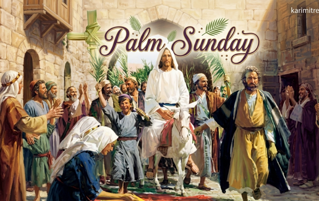 Christians celebrating Palm Sunday with palms, prayers, and church gathering