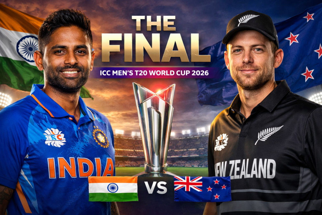 The Final – ICC Men’s T20 World Cup 2026: India captain Suryakumar Yadav on left and New Zealand captain Mitchell Santner on right, with ICC T20 trophy in center, vibrant stadium background, Indian and New Zealand flags.