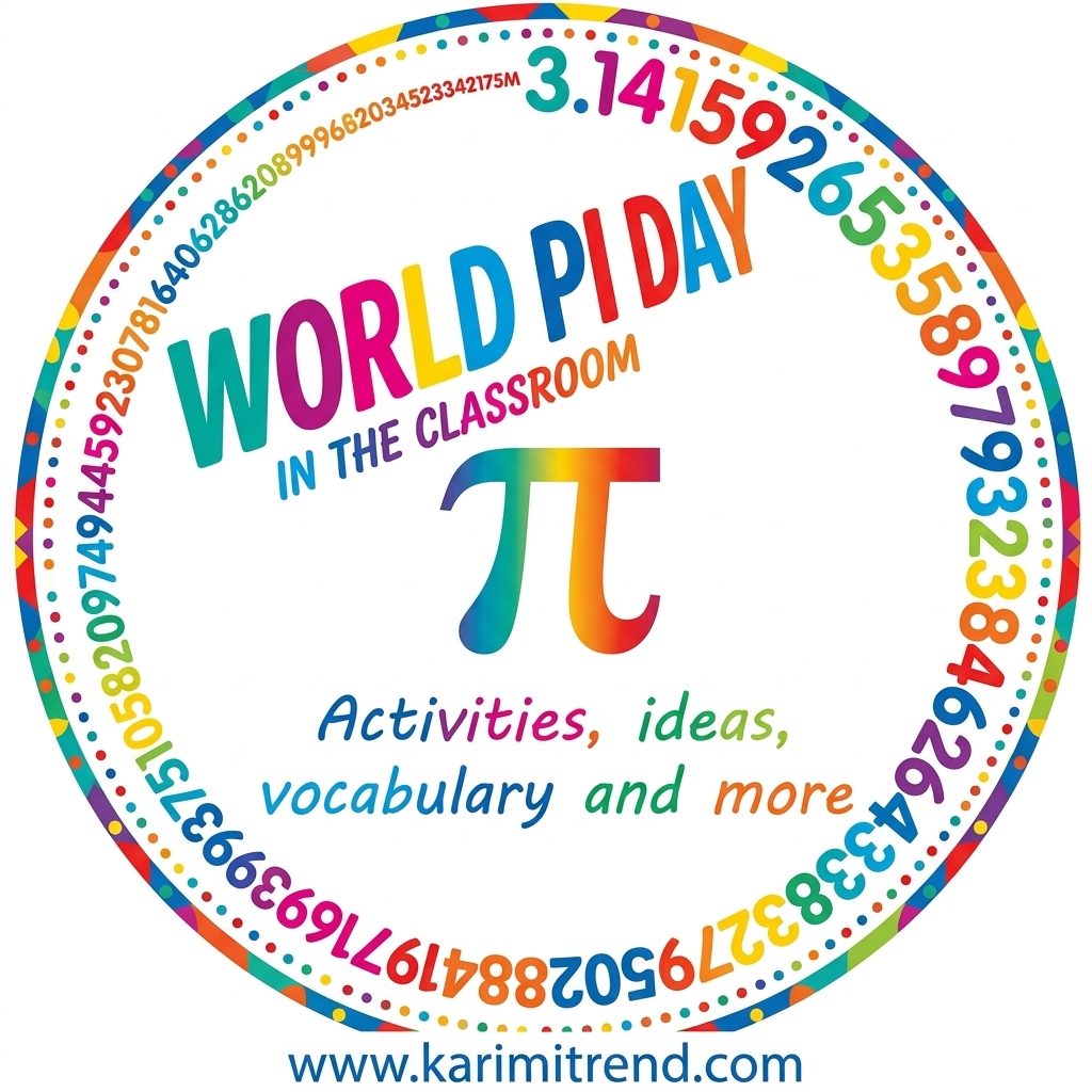 A colorful and educational World Pi Day graphic designed for classroom activities, featuring the mathematical constant and its infinite digits.