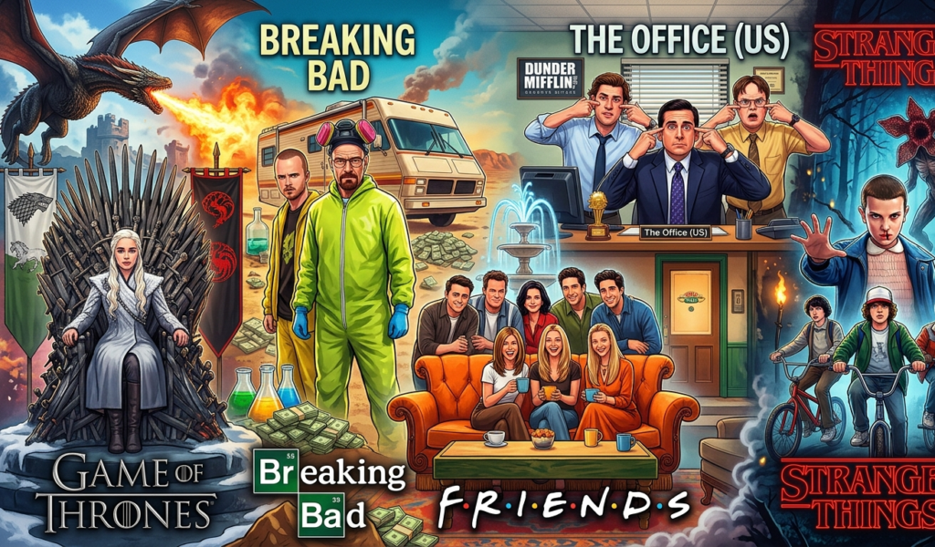 Top trending TV shows including Game of Thrones, Breaking Bad, Friends, Stranger Things, and The Office