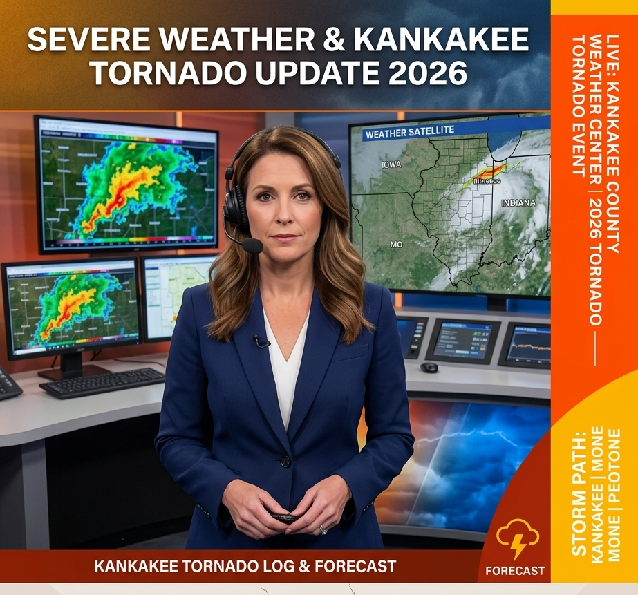 Infographic of a female meteorologist in a weather center delivering a severe weather update for Kankakee, Mone, and Peotone, Illinois. The graphic shows a weather satellite map of Illinois, Indiana, and Missouri, and a 'Tornado Log & Forecast' indicating 2 tornadoes reported and a current watch active for 4 new warnings possible. Live update logos are visible.